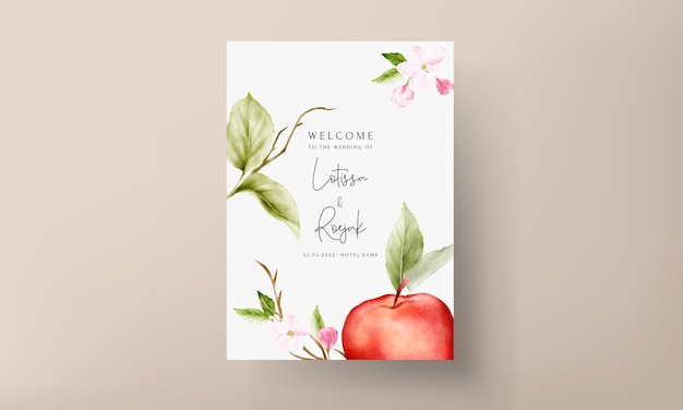 Free vector wedding invitation template set with watercolor apple fruit and floral decoration