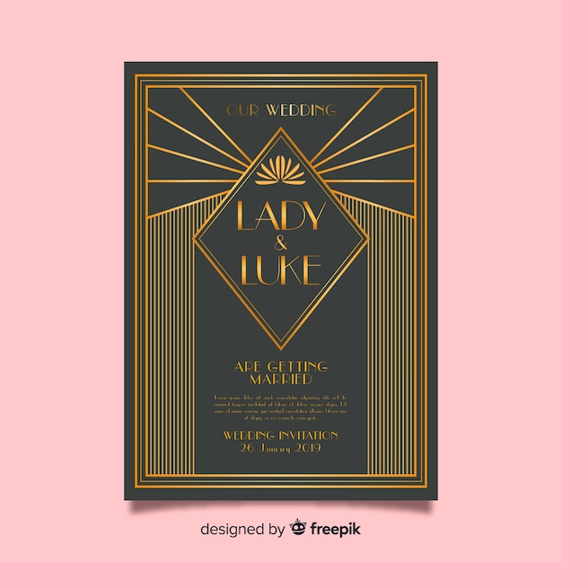 Free vector wedding invitation template with beautiful art deco concept