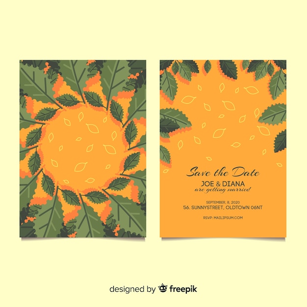 Free vector wedding invitation template with beautiful leaves