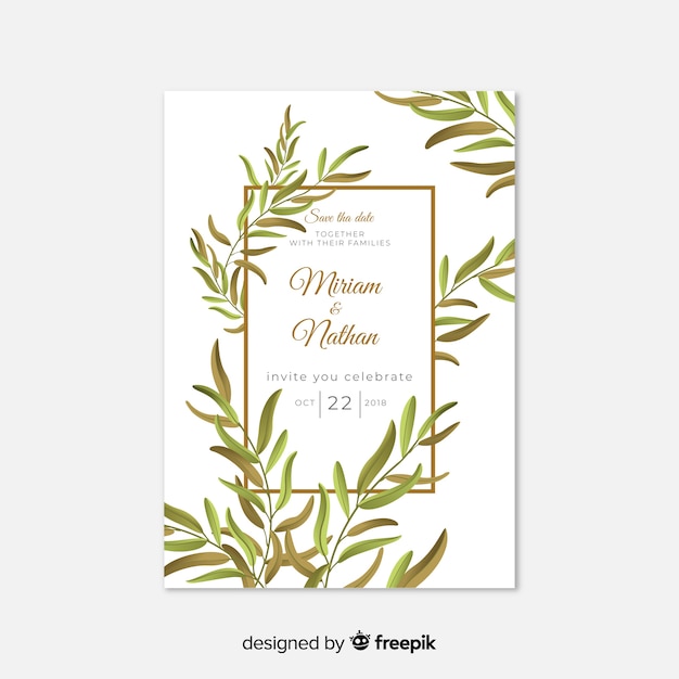 Free vector wedding invitation template with beautiful leaves