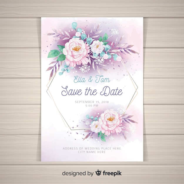 Free vector wedding invitation template with beautiful peony flowers