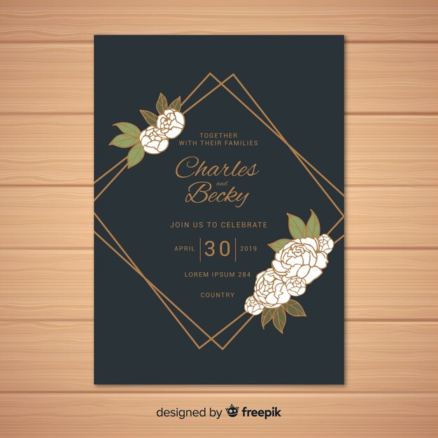 Шаблон свадебного приглашения с красивыми цветами пиона