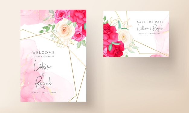 Free vector wedding invitation template with beautiful romantic roses set