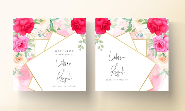 美しいロマンチックなバラのセットで結婚式の招待状のテンプレート Premiumベクター