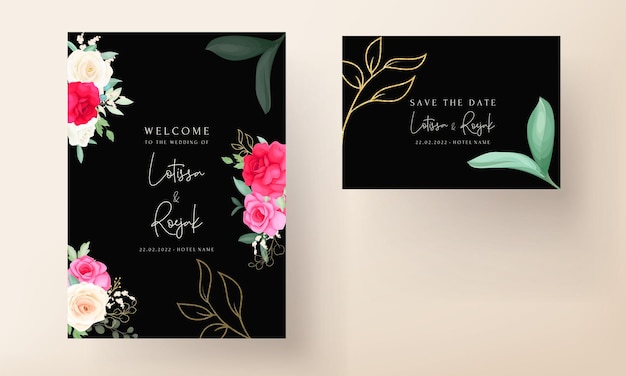 wedding invitation template with beautiful romantic roses set