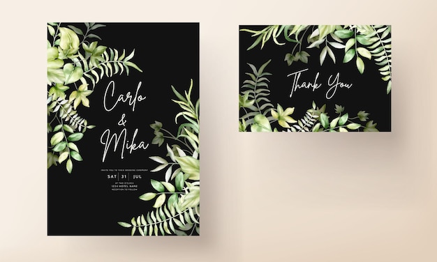 Free vector wedding invitation template with beautiful watercolor leaves