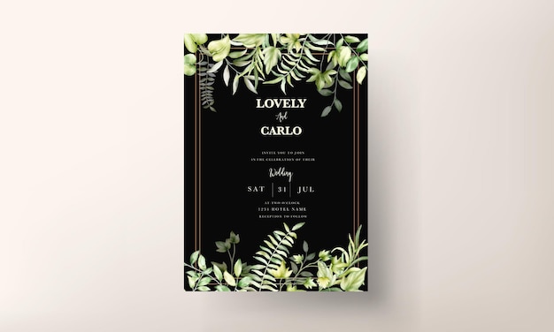 Wedding invitation template with beautiful watercolor leaves