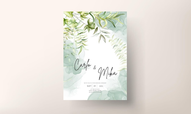美しい水彩画の葉と結婚式の招待状のテンプレート