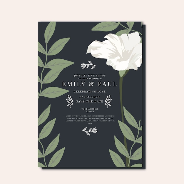 Free vector wedding invitation template with a big flower