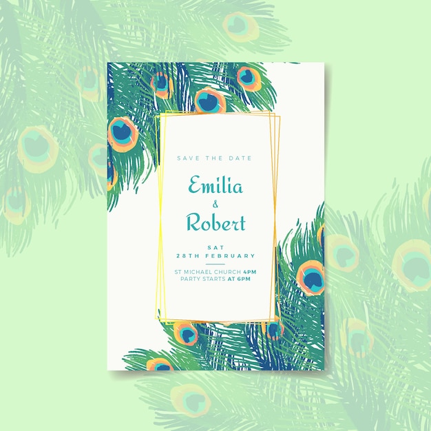 Wedding invitation template with colorful peacock feathers