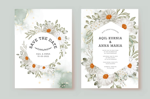 Wedding invitation template with daisy white and greenery leaves watercolor