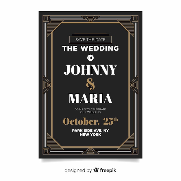 Free vector wedding invitation template with decorative art deco concept