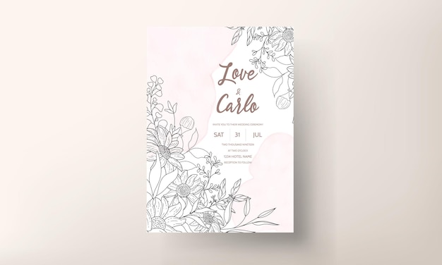 Wedding invitation template with elegant hand drawn floral monoline