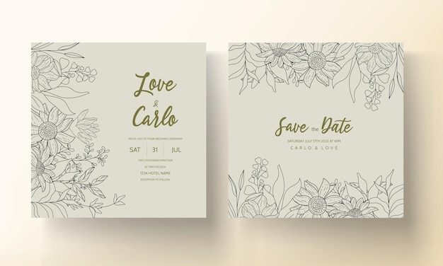 Free vector wedding invitation template with elegant hand drawn floral monoline