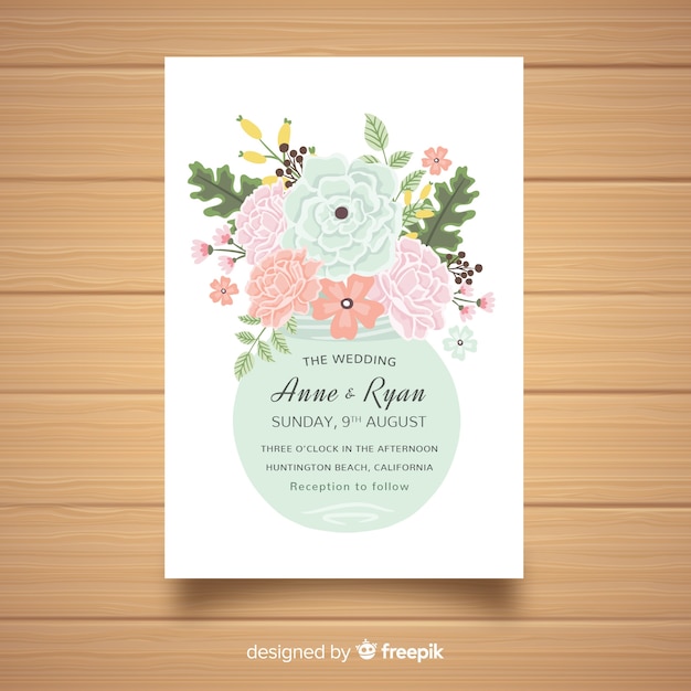 Free vector wedding invitation template with elegant peony flowers