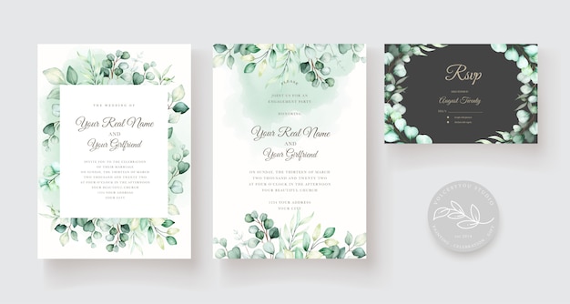 Wedding invitation template with eucalyptus leaves set