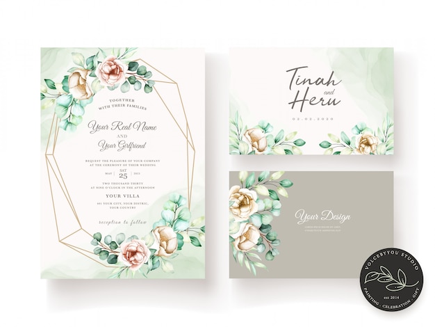 Wedding invitation template with eucalyptus leaves set