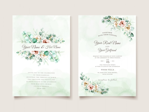 Free vector wedding invitation template with eucalyptus leaves set