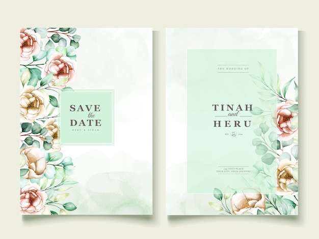 Wedding invitation template with eucalyptus leaves set