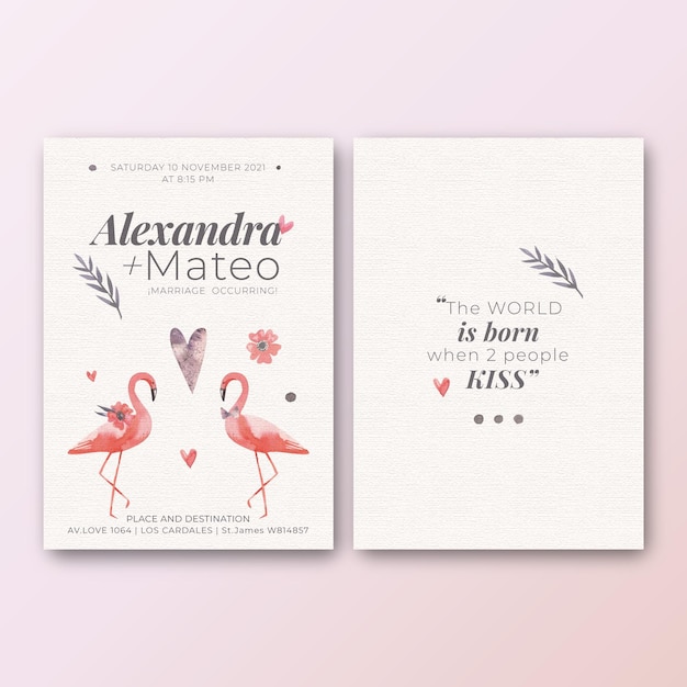 Wedding invitation template with flamingos