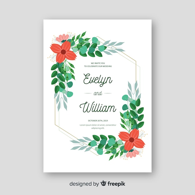 Wedding invitation template with floral elements