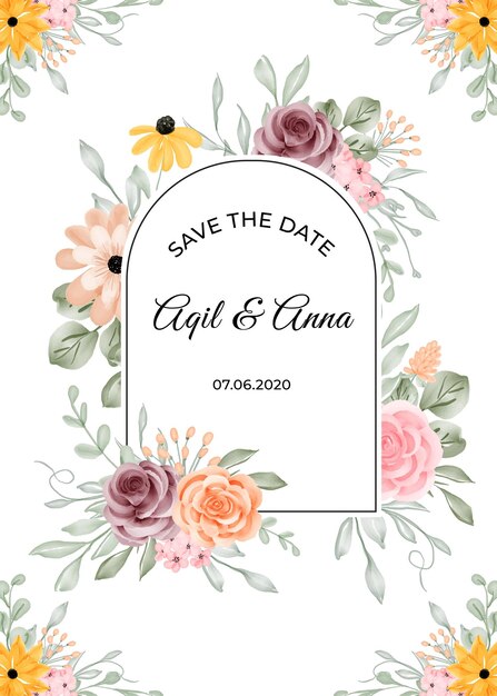 花のフレームと結婚式の招待状のテンプレート
