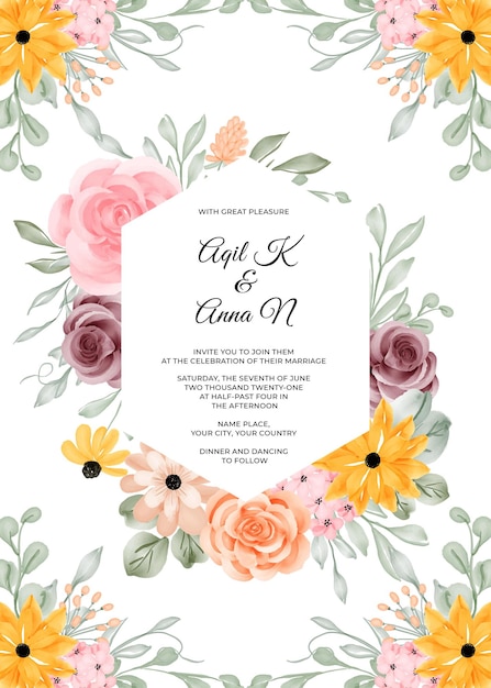 Wedding invitation template with flower frame