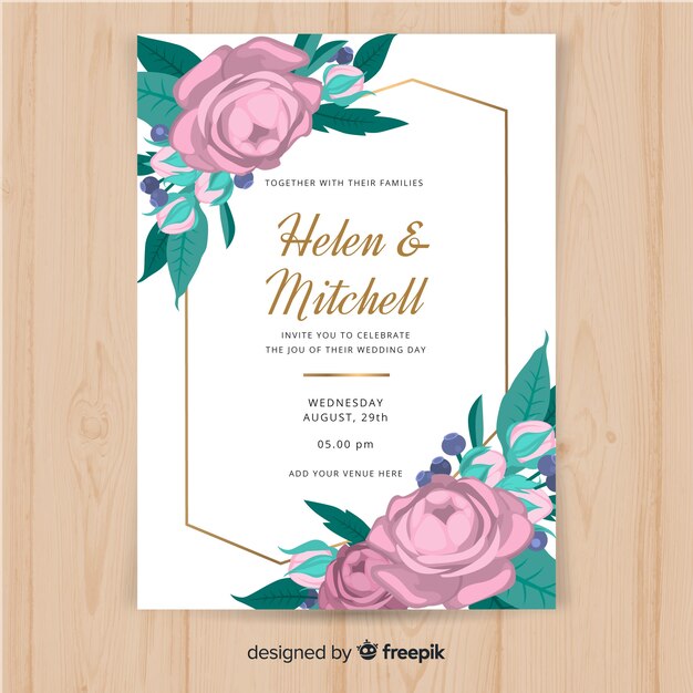 Wedding invitation template with flowers