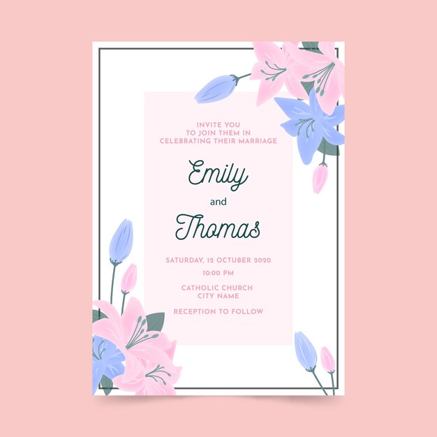 Free vector wedding invitation template with flowers