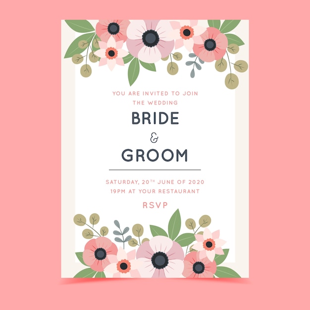 Free vector wedding invitation template with flowers