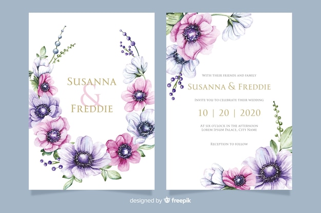 Free vector wedding invitation template with flowers