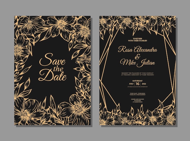Wedding invitation template with gold outline flower