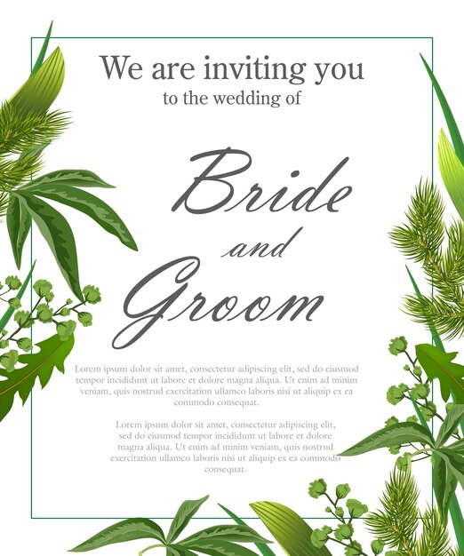 Шаблон свадебного приглашения с зелеными листьями и меховыми ветками.