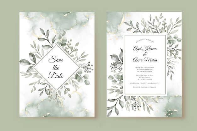 Wedding invitation template with greenery leaves