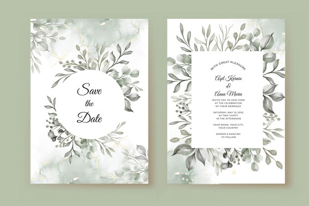 Wedding invitation template with greenery leaves