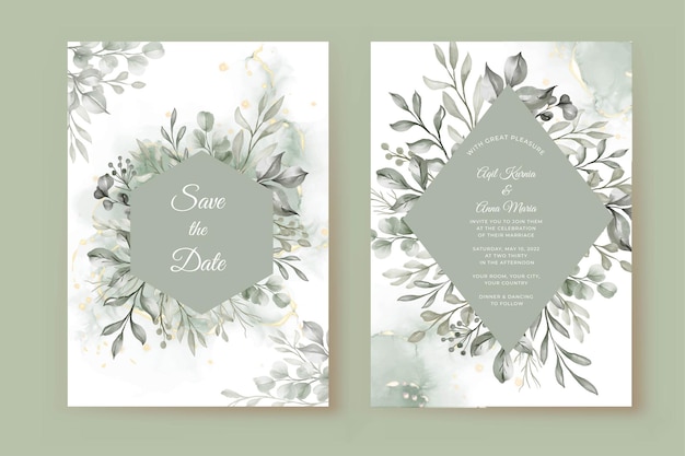 緑の葉と結婚式の招待状のテンプレート