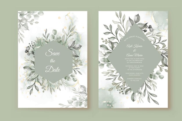 Wedding invitation template with greenery leaves