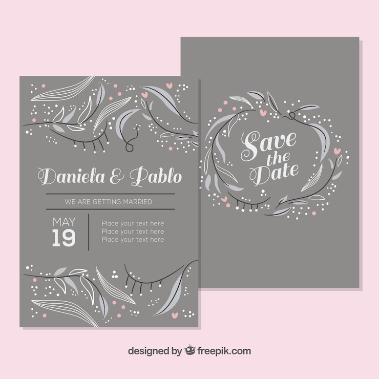 Free Vector wedding invitation template with hand-drawn leaves