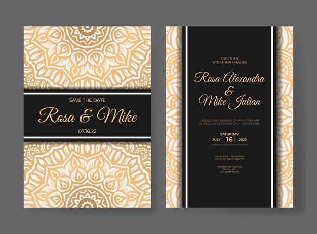 Wedding invitation template with luxury gold mandala pattern