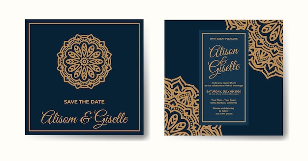 Wedding invitation template with luxury mandala design in gold color