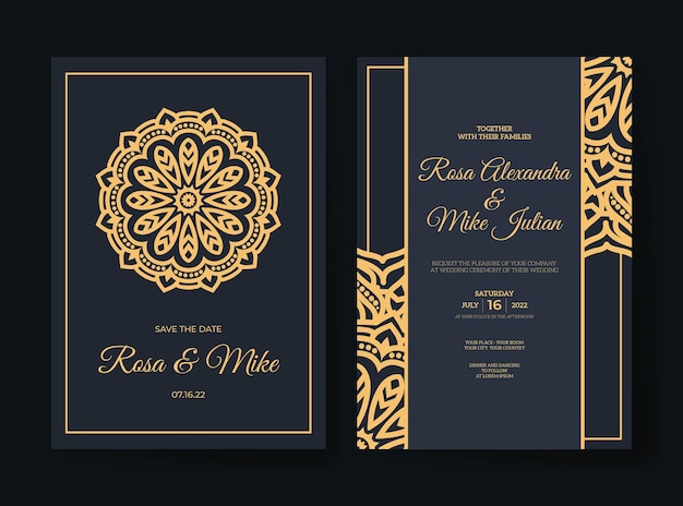 Wedding invitation template with luxury mandala design in gold color