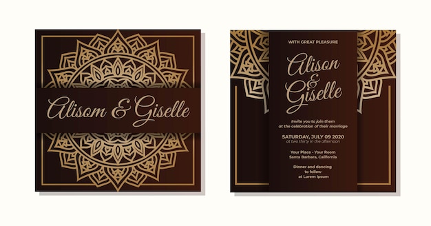 Wedding invitation template with luxury mandala design in gold color