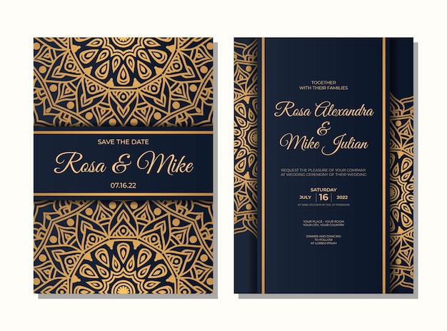 Wedding invitation template with luxury mandala design in gold color