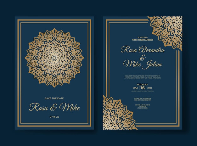 Wedding invitation template with luxury mandala design in gold color