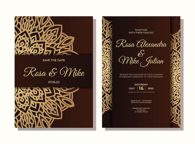 Wedding invitation template with luxury mandala design in gold color