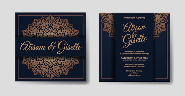 Wedding invitation template with luxury mandala design in gold color