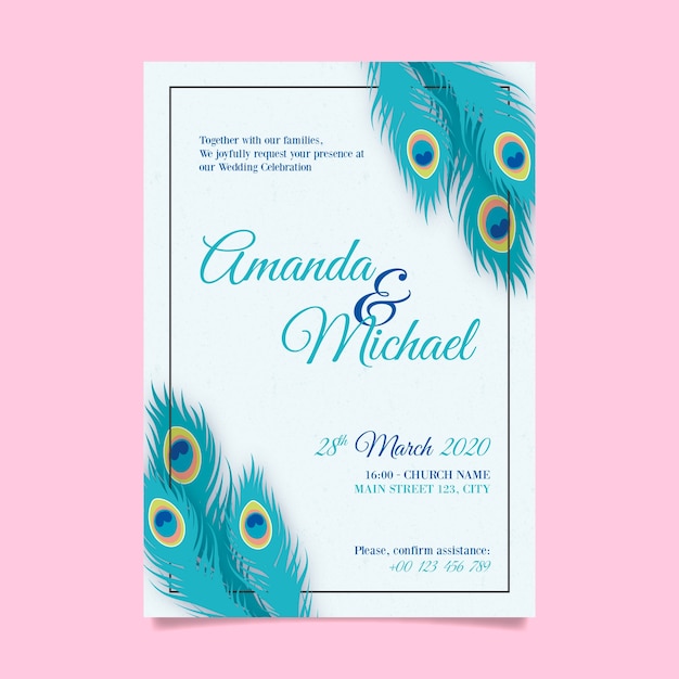 Wedding invitation template with peacock feathers