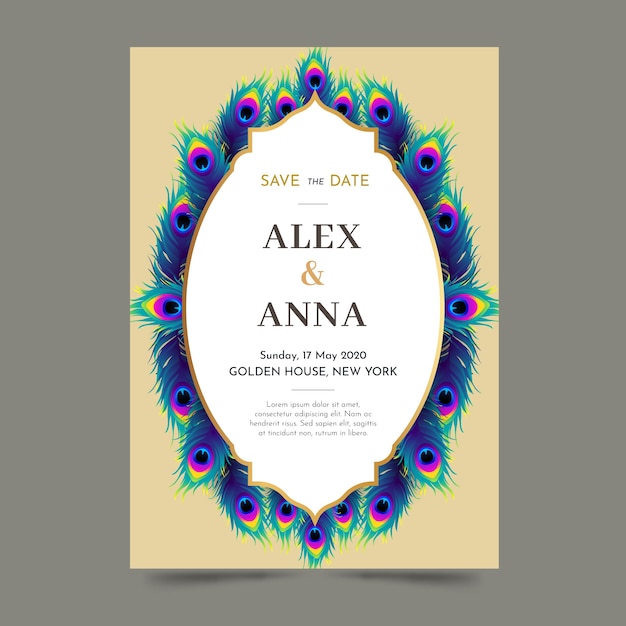 Free vector wedding invitation template with peacock feathers