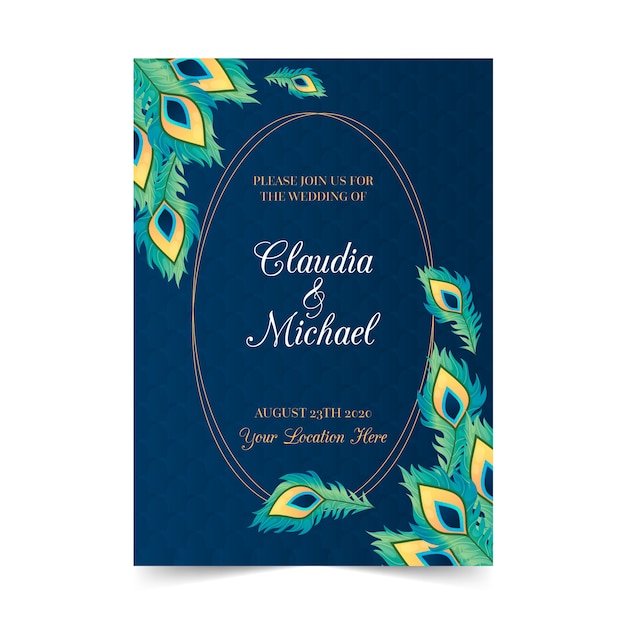 Free vector wedding invitation template with peacock feathers