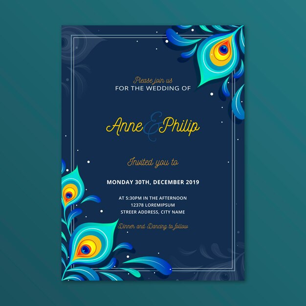 Wedding invitation template with peacock feathers